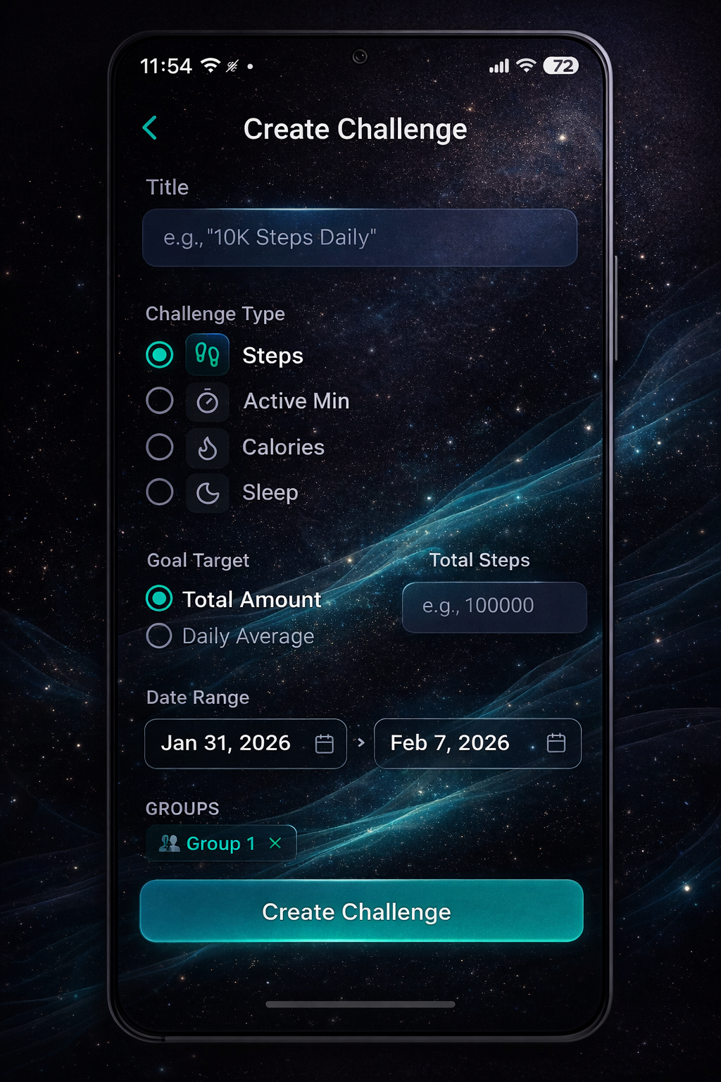 Create Challenge — Set up step challenges with custom goals
